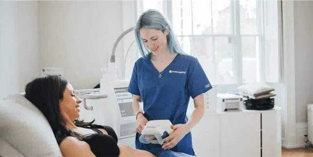 CoolSculpting treatment photograph, Square Mile Clinic, City of London CoolSculpting applicator on the abdomen, fat reduction available at Square Mile Clinic, City of London